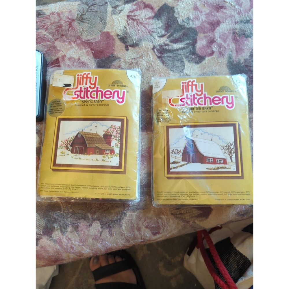 2 Vintage 1977 Jiffy Stitchery WINTER BARN & Spring Barn Embroidery Kit